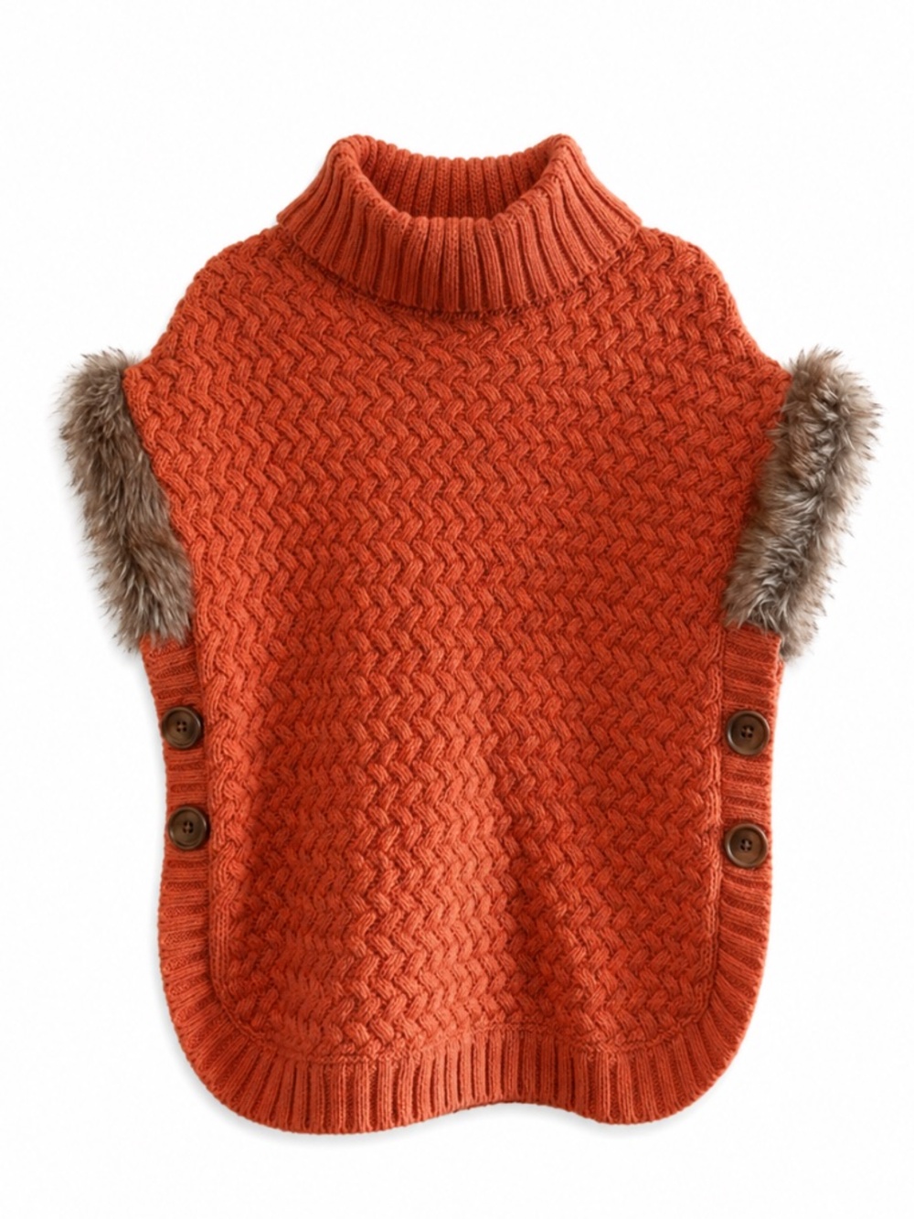 4/$20➡️ ASPEN Kids Orange Knit Turtleneck Poncho Faux Fur – Size 7/8 EUC